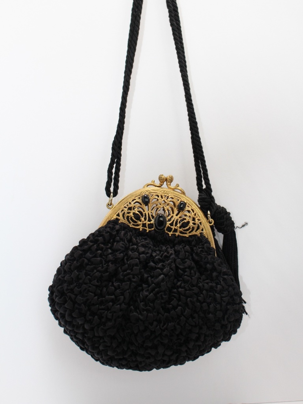 Vintage 1980s Revivals Black Onyx Evening Bag Gold Filigree Kiss Lock Purse